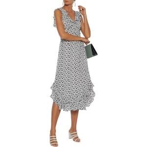 Zimmermann Floral Print 100% Silk Ruffle Crepe Midi Dress White Black Size 0